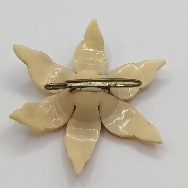 Reverse of plastic flower brooch